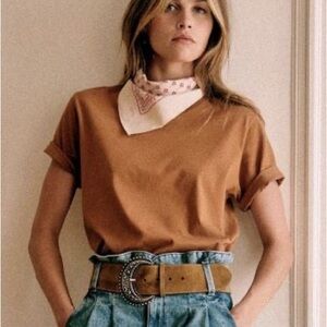 Sezane Conrad Brown Short Sleeve Tee / T-Shirt in Camel, Size XS
